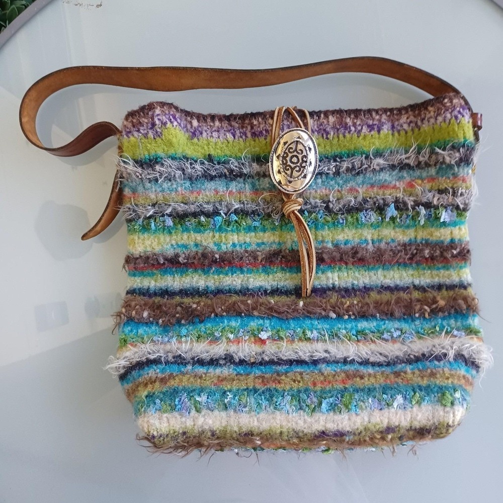 Axcess Boho‎ Knit Striped Shoulder Bag Italian Leather Strap Concho Multicolor